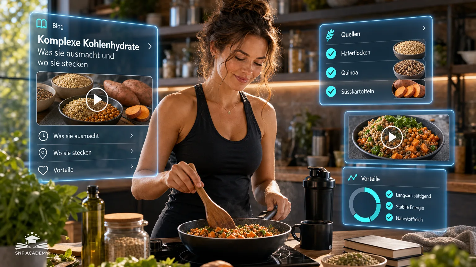 Frau kocht Quinoa, Süsskartoffeln und Linsen in einer modernen Küche mit Holzregal – Komplexe Kohlenhydrate: Was sie ausmacht und wo sie stecken