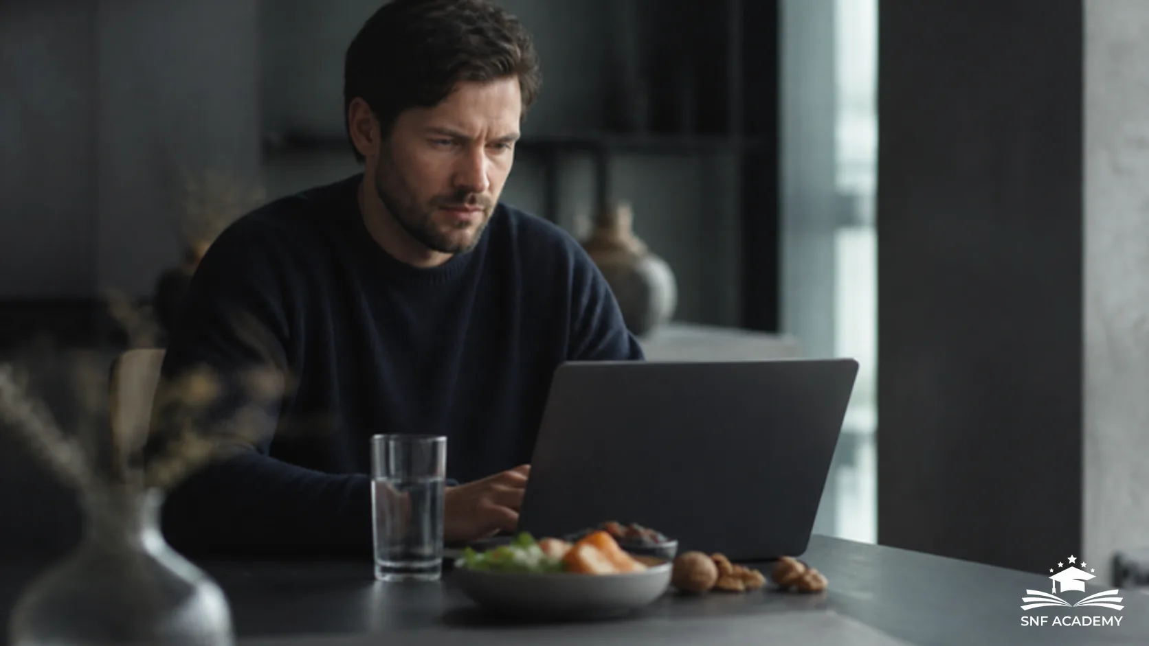 Konzentrierter Mann am Laptop mit Wasserglas und einer Schale mit Lachs, Salat und Nüssen