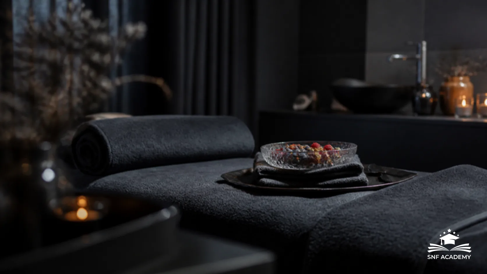 Eleganter Kosmetikstudio-Behandlungsplatz mit Handtüchern und Glasschale mit Beeren und Nüssen