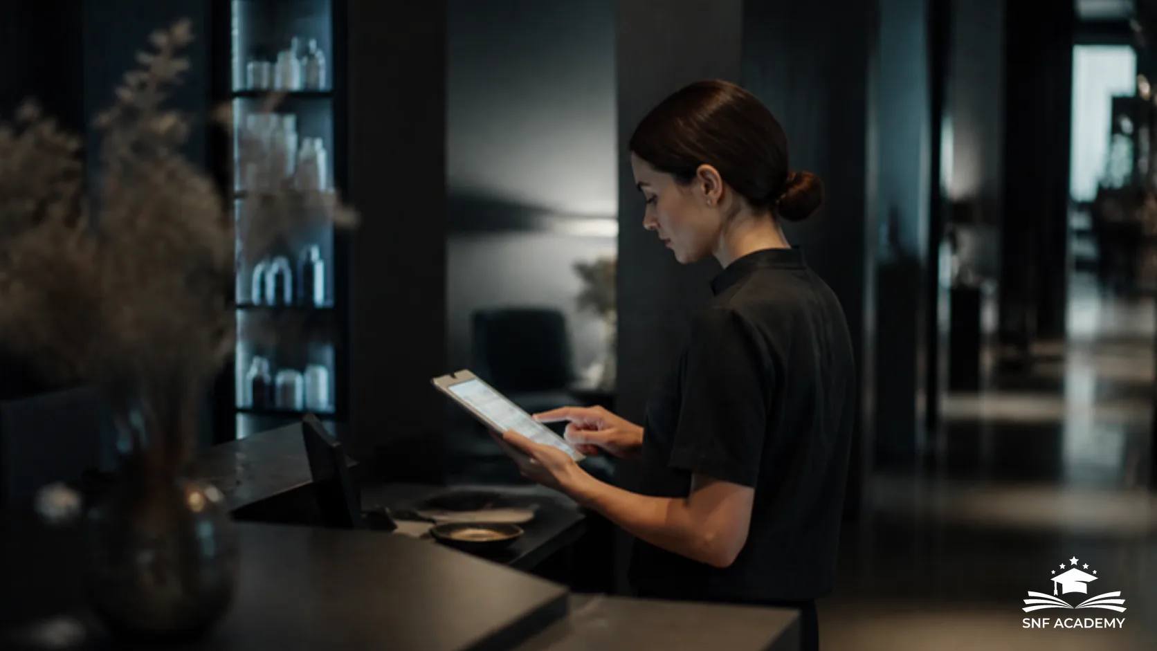 Kosmetikerin prüft am Empfang des Studios den Terminkalender auf einem Tablet