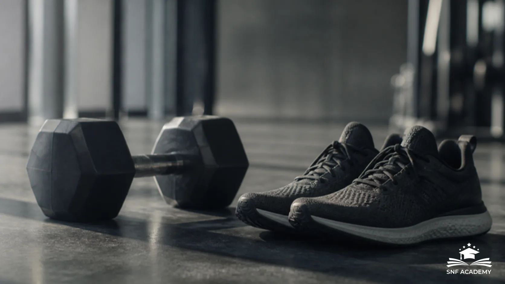 Kurzhantel und Laufschuhe nebeneinander auf dem Boden eines Fitnessstudios, Sinnbild für den Vergleich von Krafttraining und Ausdauertraining