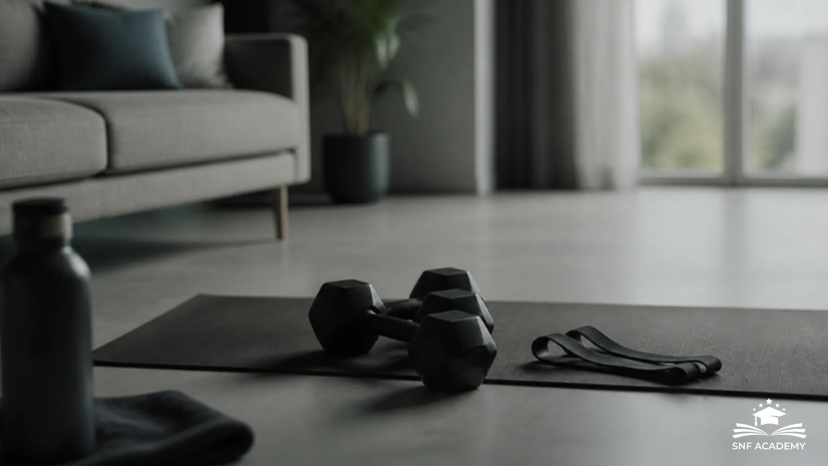 Kurzhanteln, Widerstandsband und Trainingsmatte in einem hellen Wohnzimmer für Krafttraining zu Hause