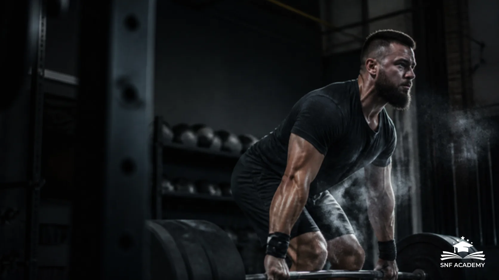 Kraftsportler hebt im dunklen Fitnessstudio eine schwere Langhantel, Magnesiastaub liegt in der Luft