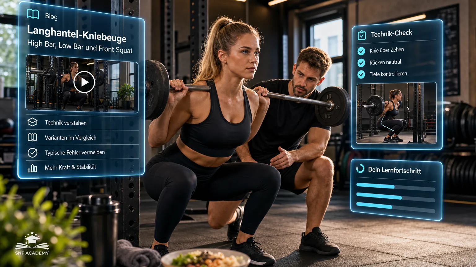 Kräftige Frau beugt mit der Langhantel tief im Squat-Rack, Trainer beobachtet die Technik, Kraftraum mit Gummiboden – Langhantel-Kniebeuge