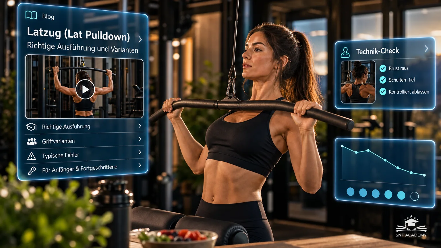 Frau Ende 20 zieht am Latzug-Gerät die Stange zur Brust, konzentrierter Blick, modernes Fitnessstudio mit warmem Licht – Latzug (Lat Pulldown)