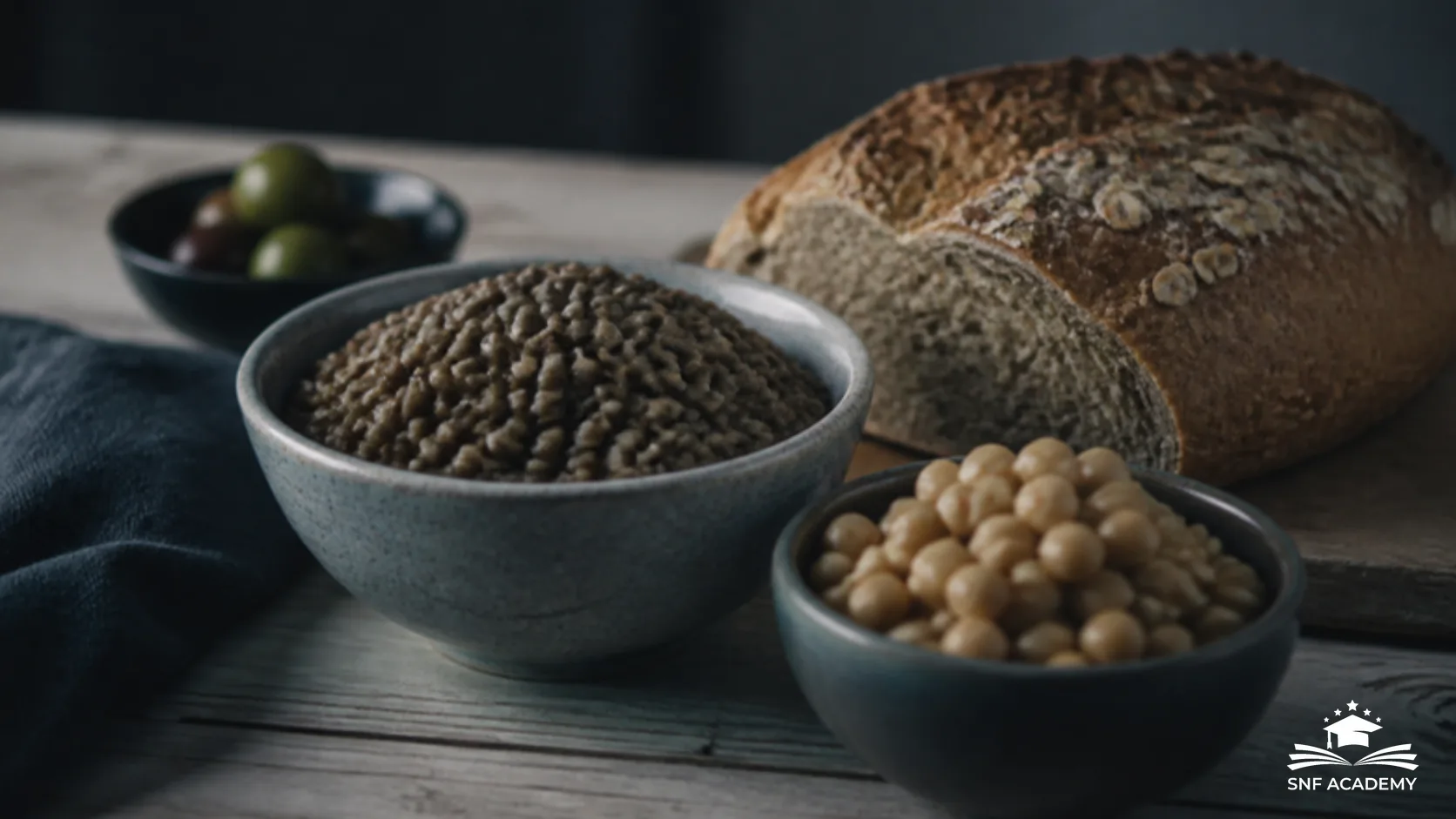 Schalen mit Linsen und Kichererbsen neben Vollkornbrot auf einem hellen Holztisch