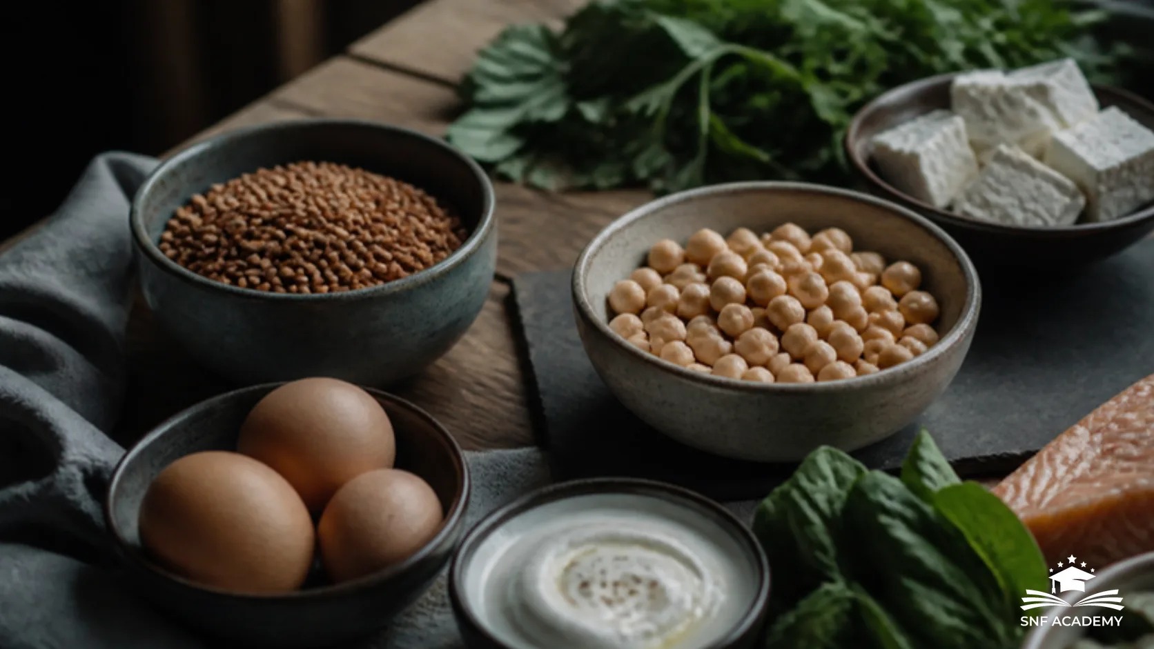 Holztisch mit Schalen mit Linsen, Kichererbsen, Eiern und Naturjoghurt als Beispiele für Lebensmittel mit Protein