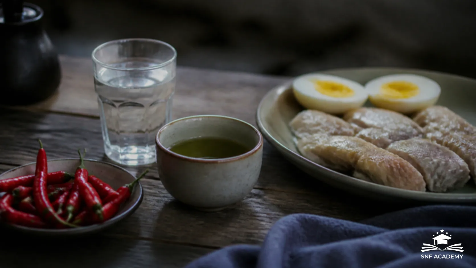 Rote Chilischoten, Tasse Grüntee, Wasserglas und Teller mit gekochtem Ei und Fleisch auf einem Holztisch