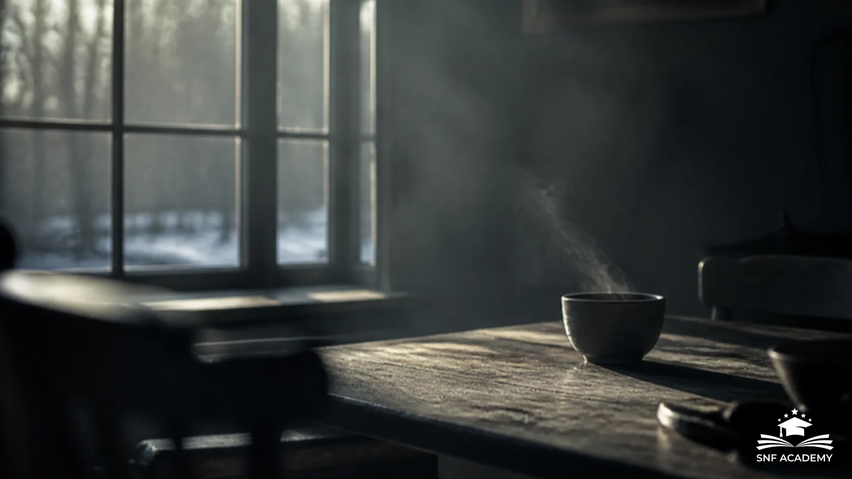 Winterliches Tageslicht fällt durch ein Fenster auf einen Holztisch mit einer dampfenden Tasse