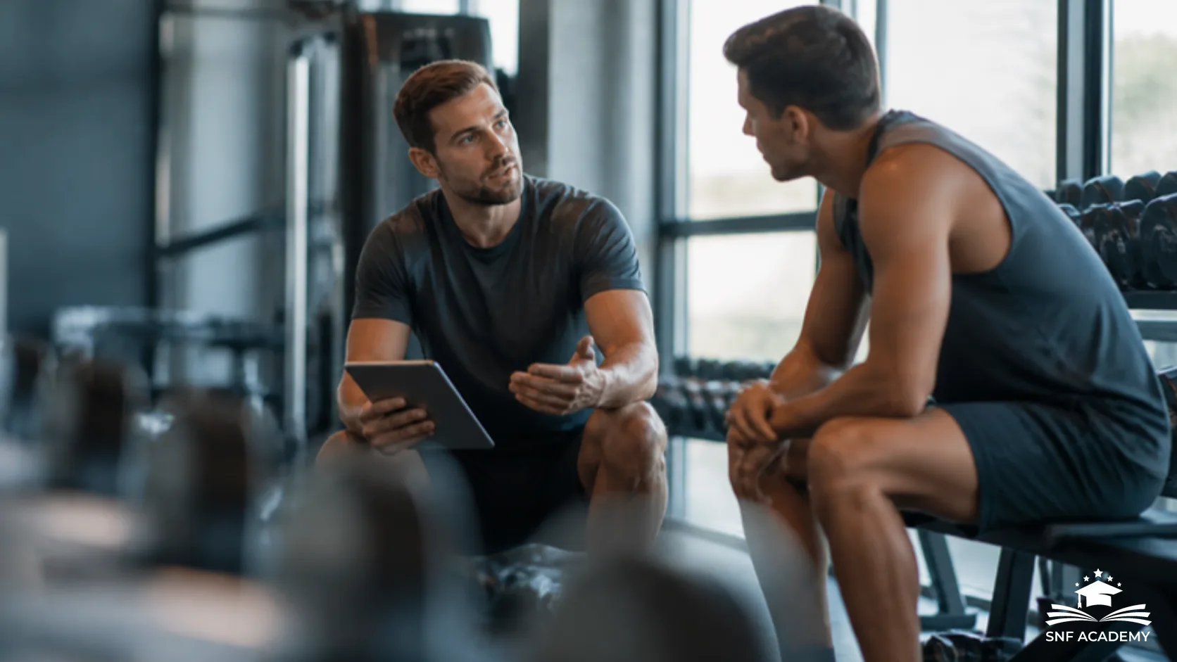 Lifestyle Coach berät einen Kunden im Fitnessstudio mit Tablet