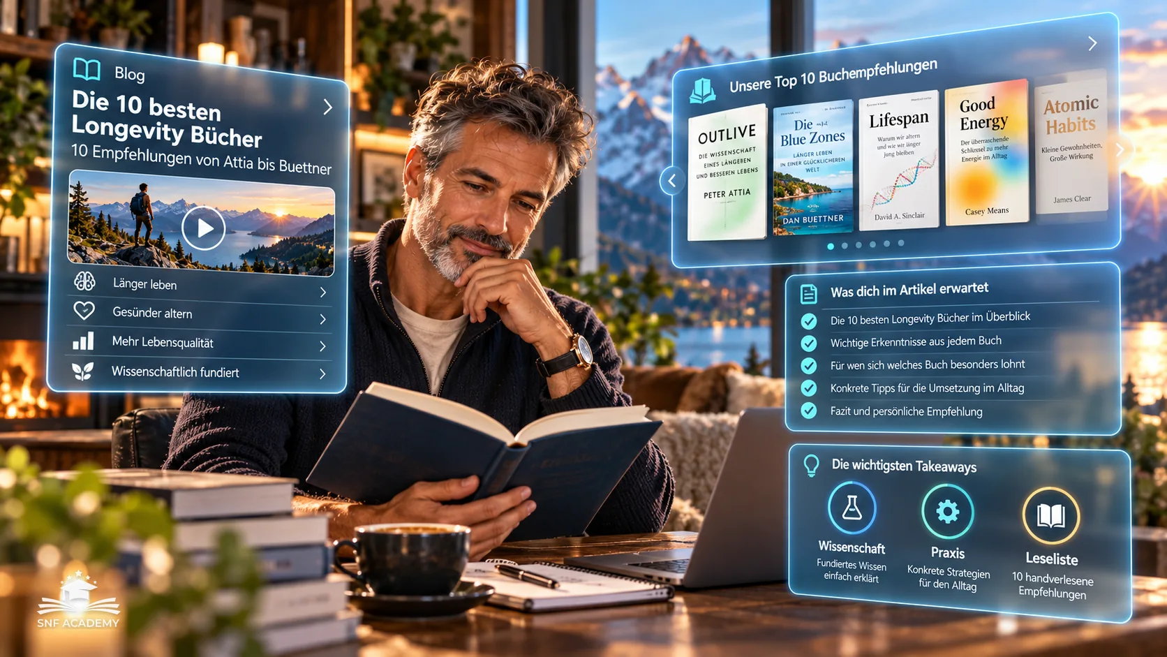 Mann liest bei Kaminlicht in einem Buch, daneben Bücherstapel – die besten Longevity Bücher