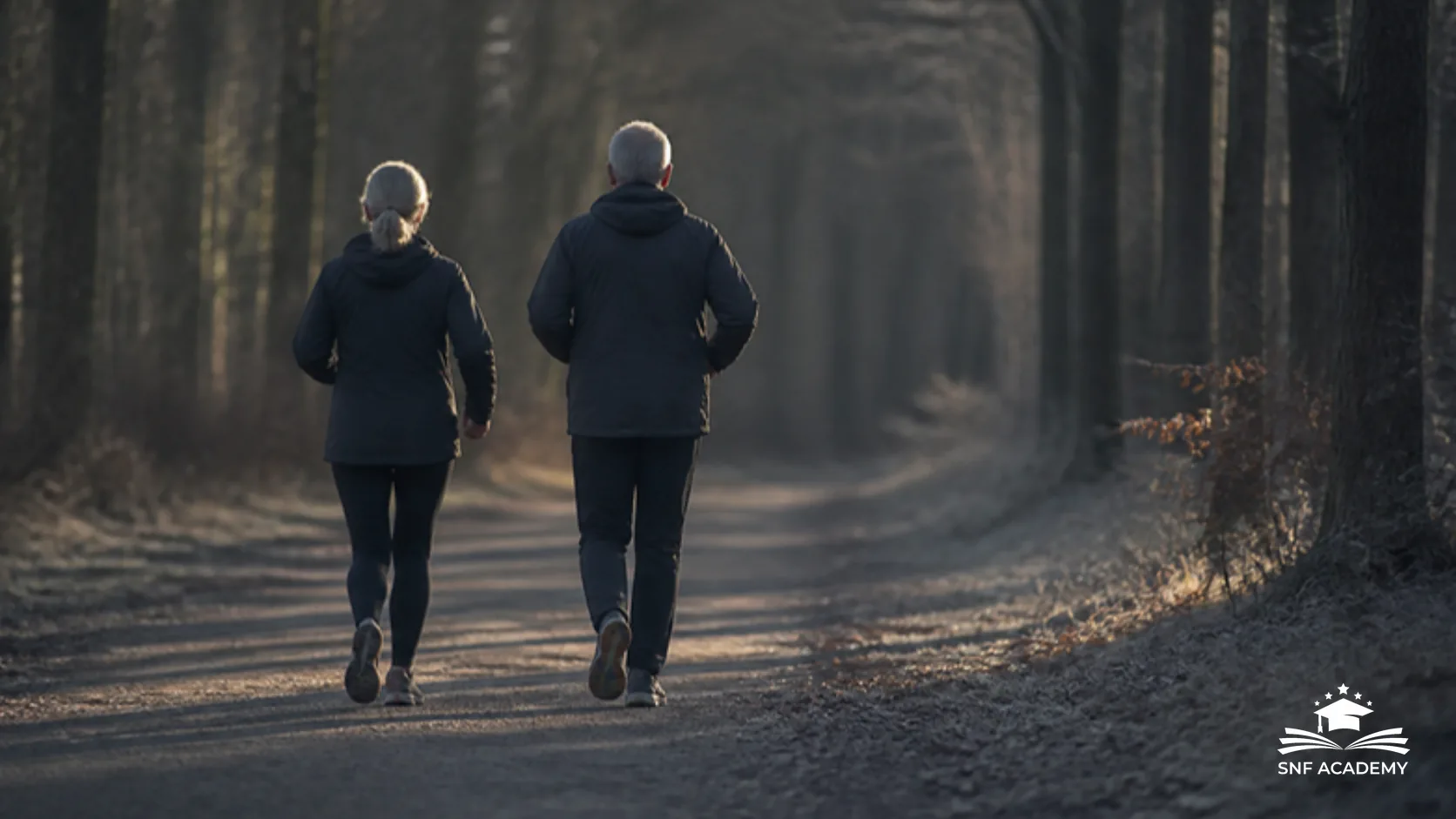 Älteres sportliches Paar geht bei Morgenlicht zügig auf einem Waldweg spazieren