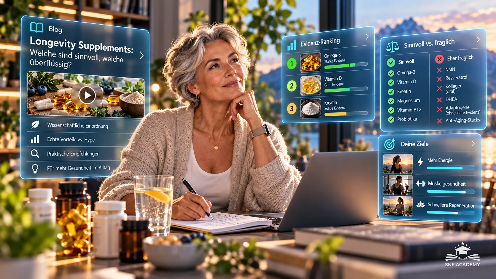 Frau notiert am Schreibtisch Informationen zu Nahrungsergänzungen – Longevity Supplements im Überblick