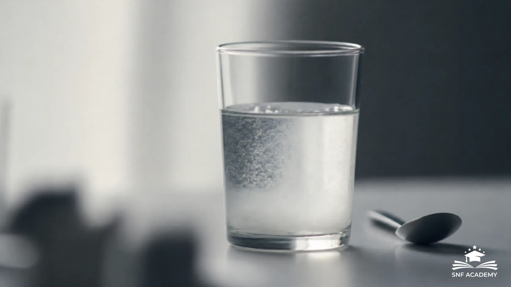 Glas Wasser mit aufgelöstem Magnesiumpulver neben einem Löffel auf hellem Hintergrund