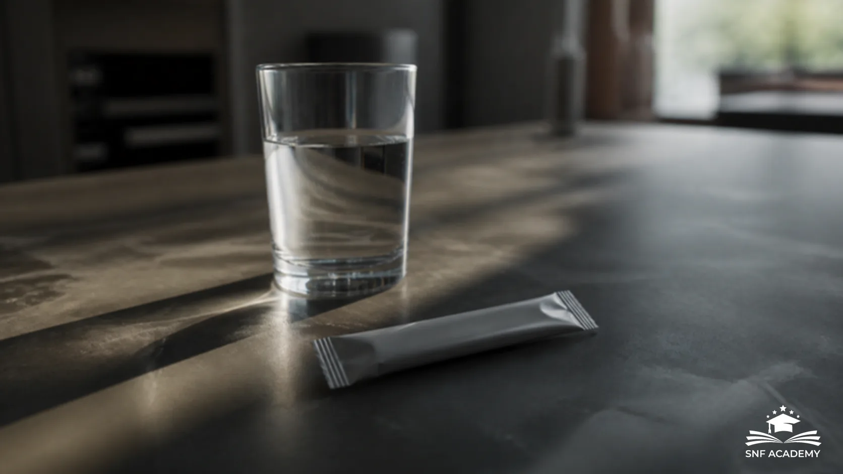 Magnesium-Stick und Glas Wasser auf einem Tisch im Morgenlicht