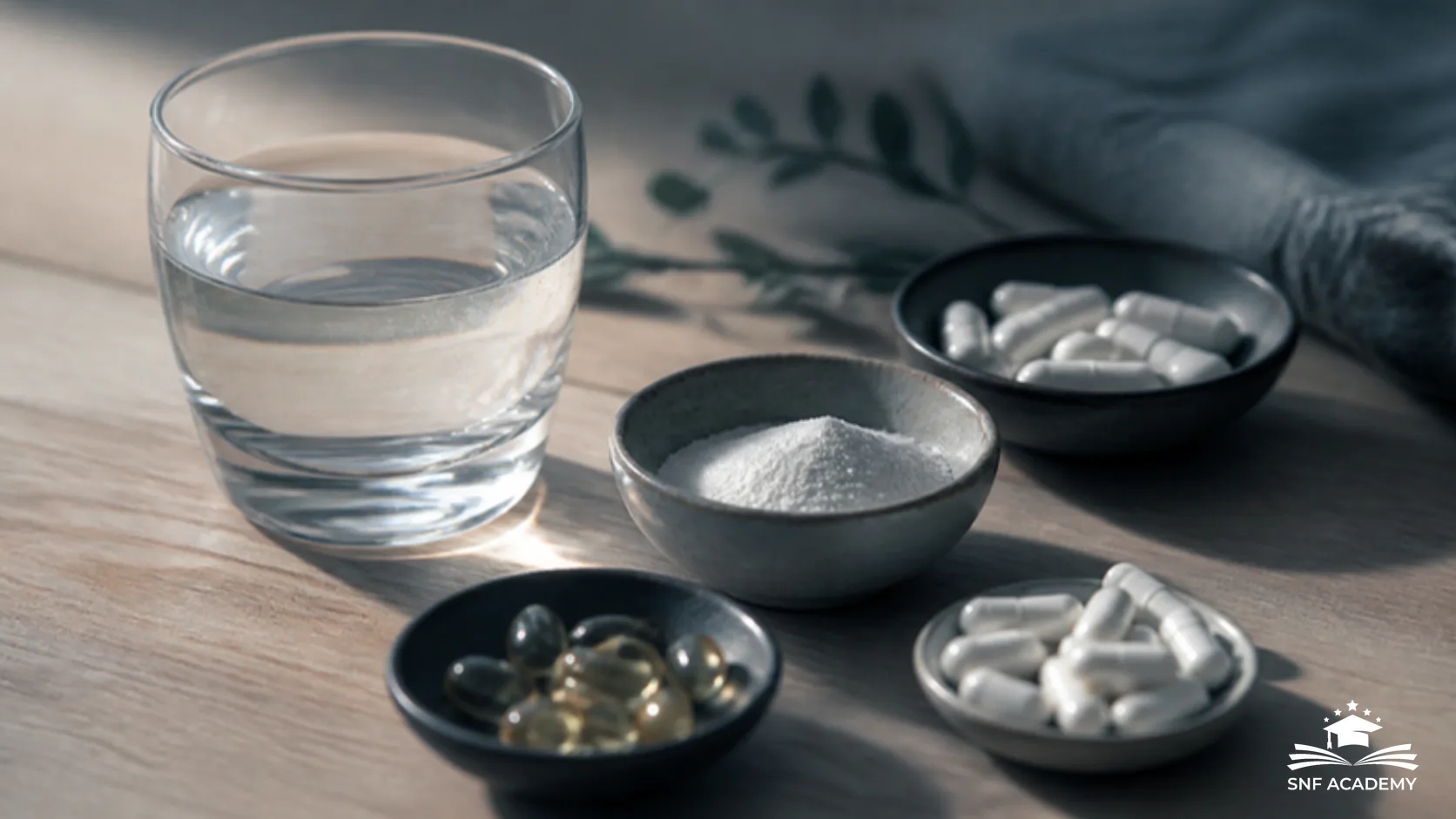 Verschiedene Magnesium-Kapseln und Pulver in kleinen Schalen neben einem Wasserglas auf einem hellen Holztisch