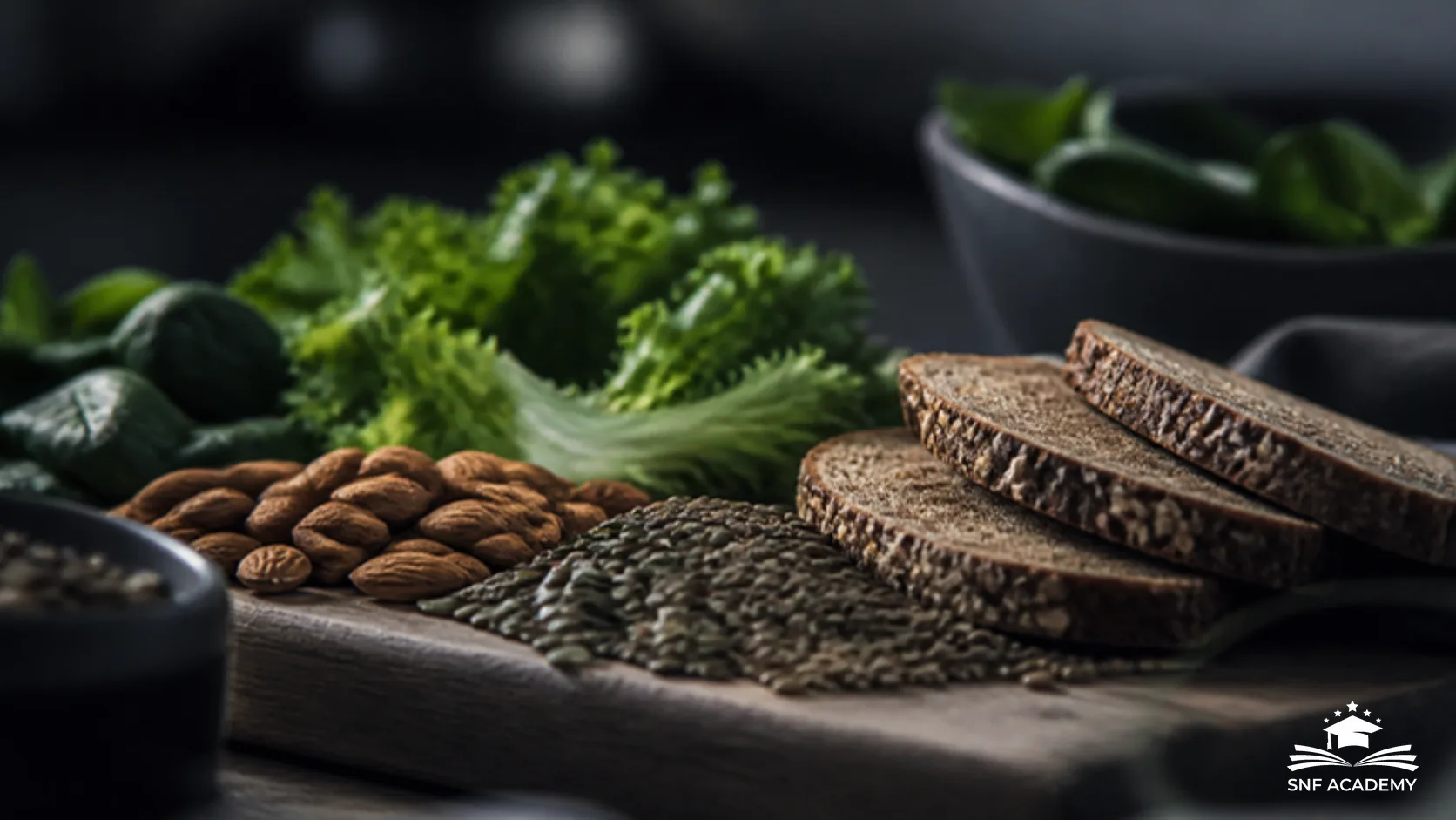 Holzbrett mit Mandeln, Kürbiskernen, Linsen, Vollkornbrot und frischem Blattgemüse, magnesiumreiche pflanzliche Lebensmittel