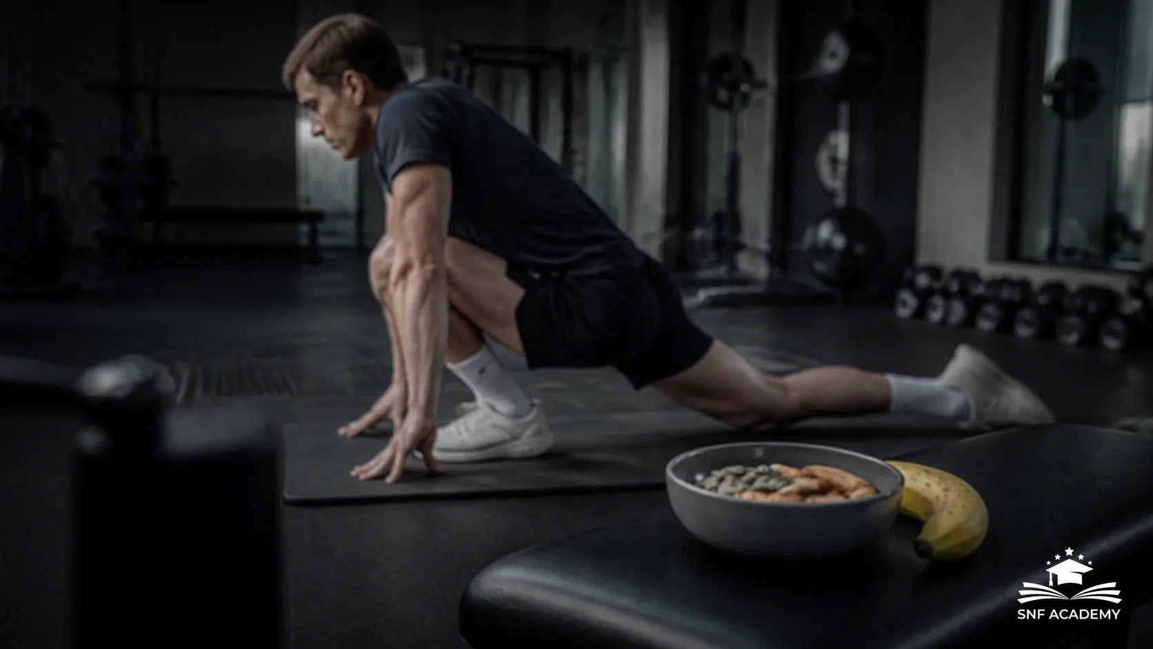 Sportler dehnt im Fitnessstudio die Wade, davor eine Schale mit Kernen und eine Banane auf der Bank