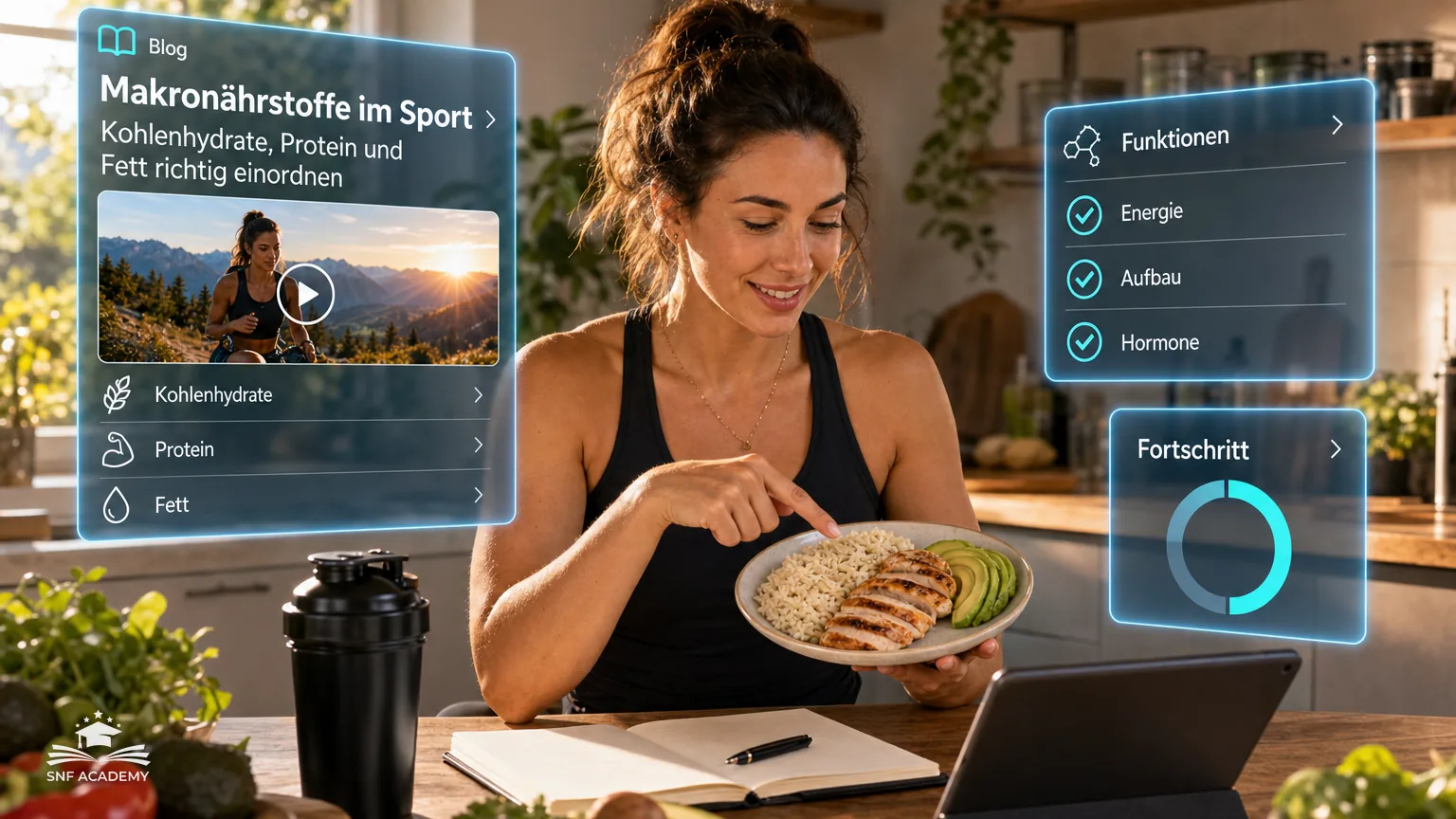 Ernährungscoachin zeigt auf einem Teller die Anteile von Reis, Hähnchen und Avocado, helle Küche – Makronährstoffe im Sport