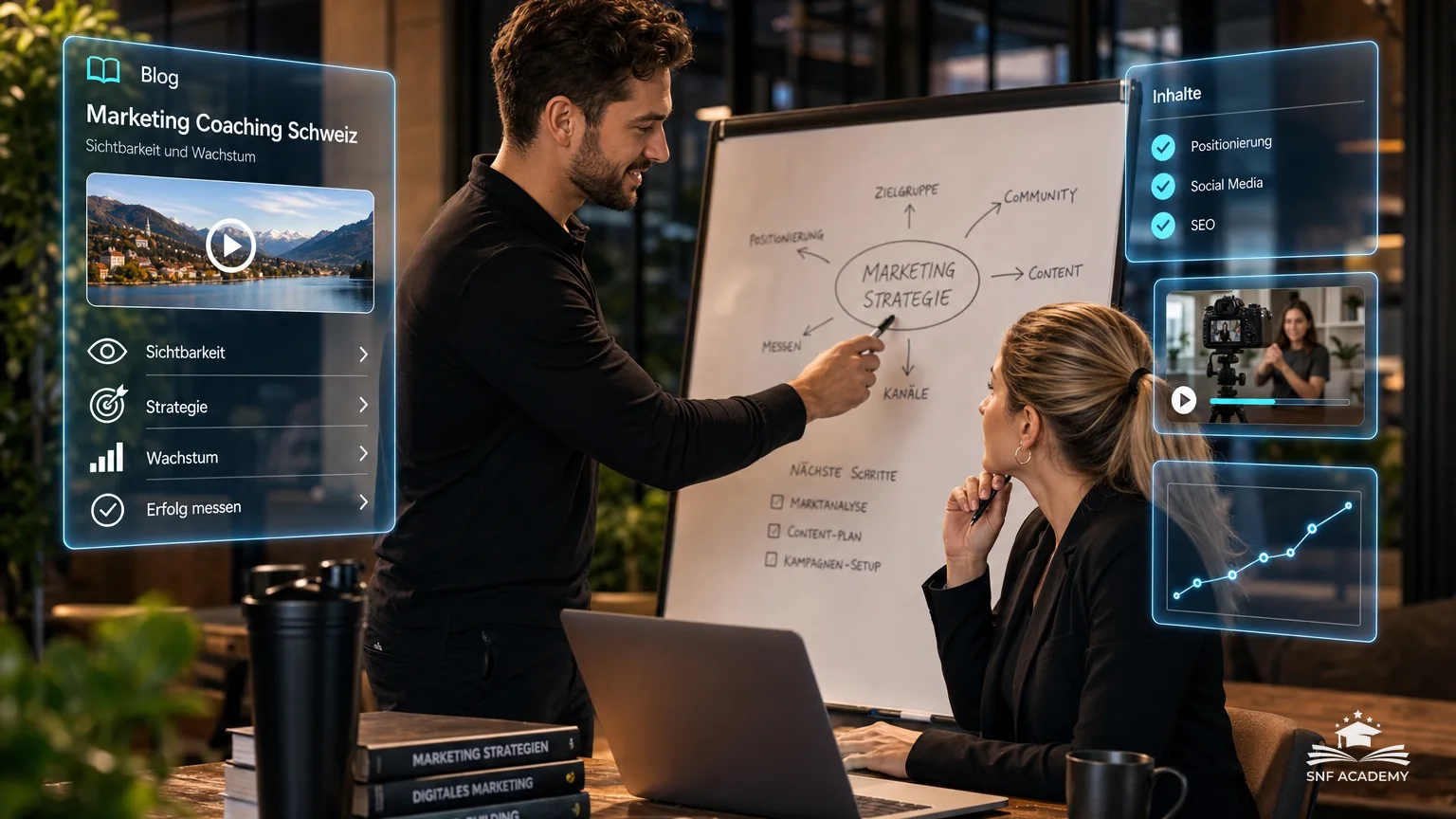 Coach erarbeitet mit einer Unternehmerin eine Marketingstrategie am Whiteboard, modernes Büro – Marketing Coaching Schweiz