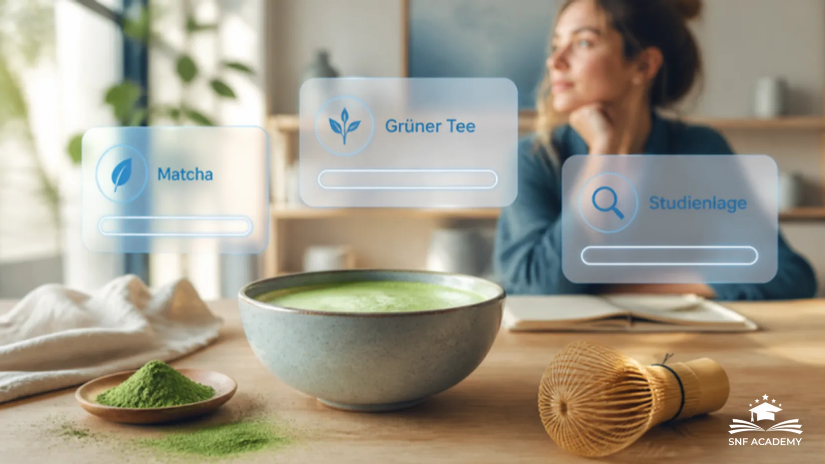 Matcha-Latte in einer Schale mit Bambusbesen und Matcha-Pulver, mit Info-Karten zu Matcha, grünem Tee und Studienlage