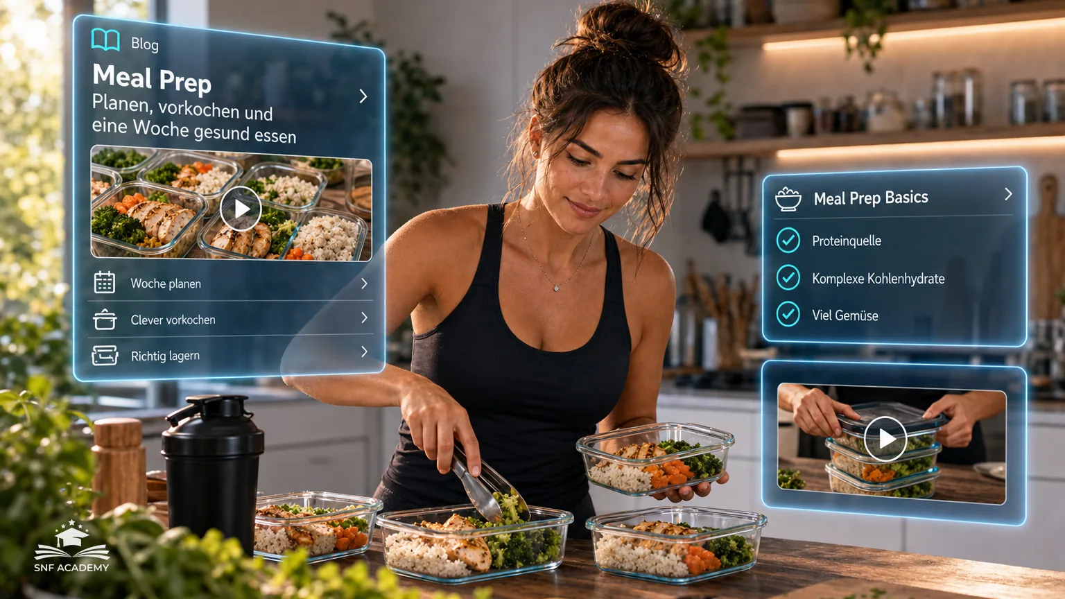 Frau Anfang 30 mit Dutt füllt in einer hellen Küche Glasboxen mit Reis, Hähnchen und Gemüse, Schneidebrett und Kräuter im Vordergrund – Meal Prep