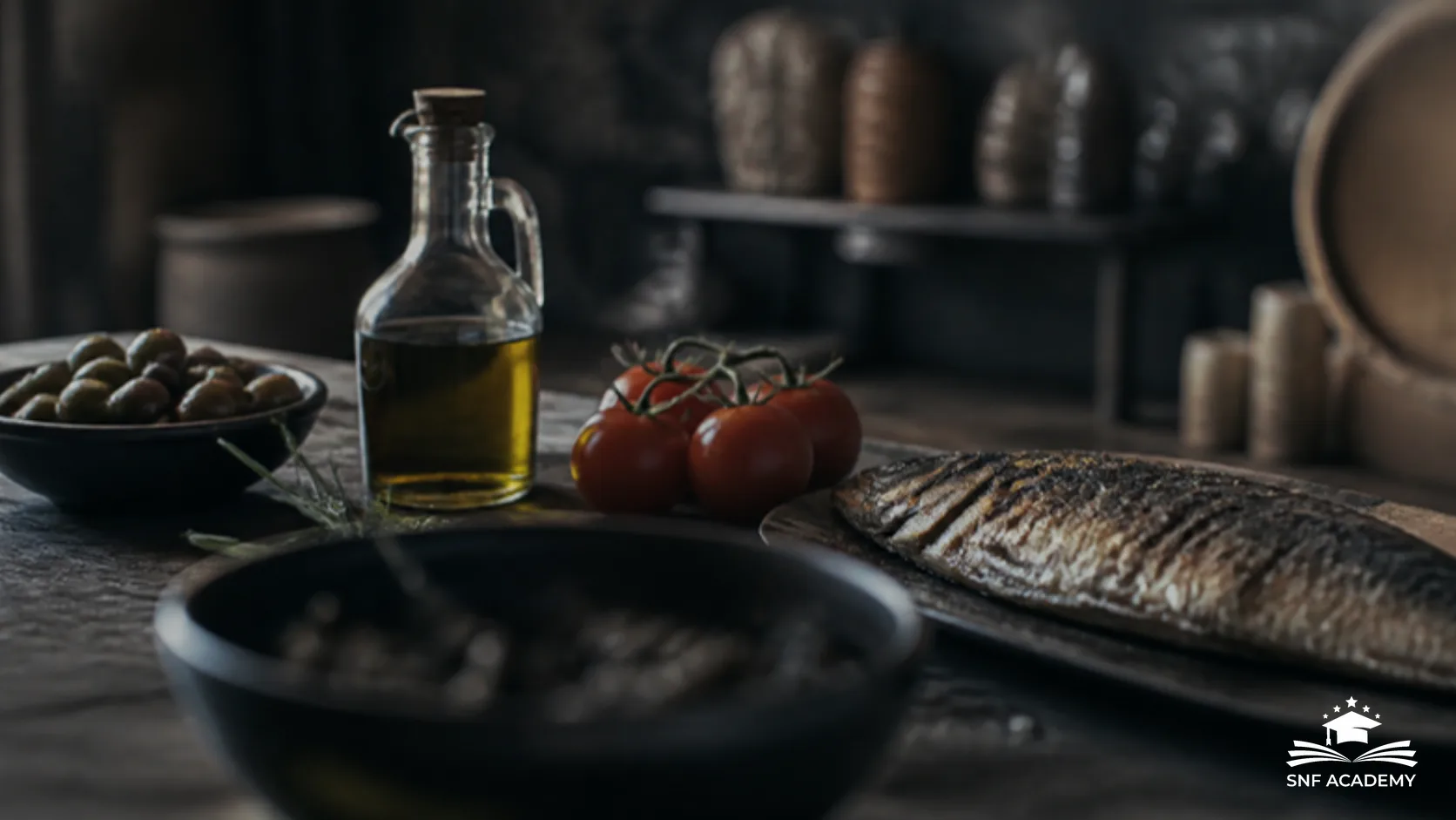 Olivenöl, Tomaten, Oliven und gegrillter Fisch auf einem rustikalen dunklen Tisch