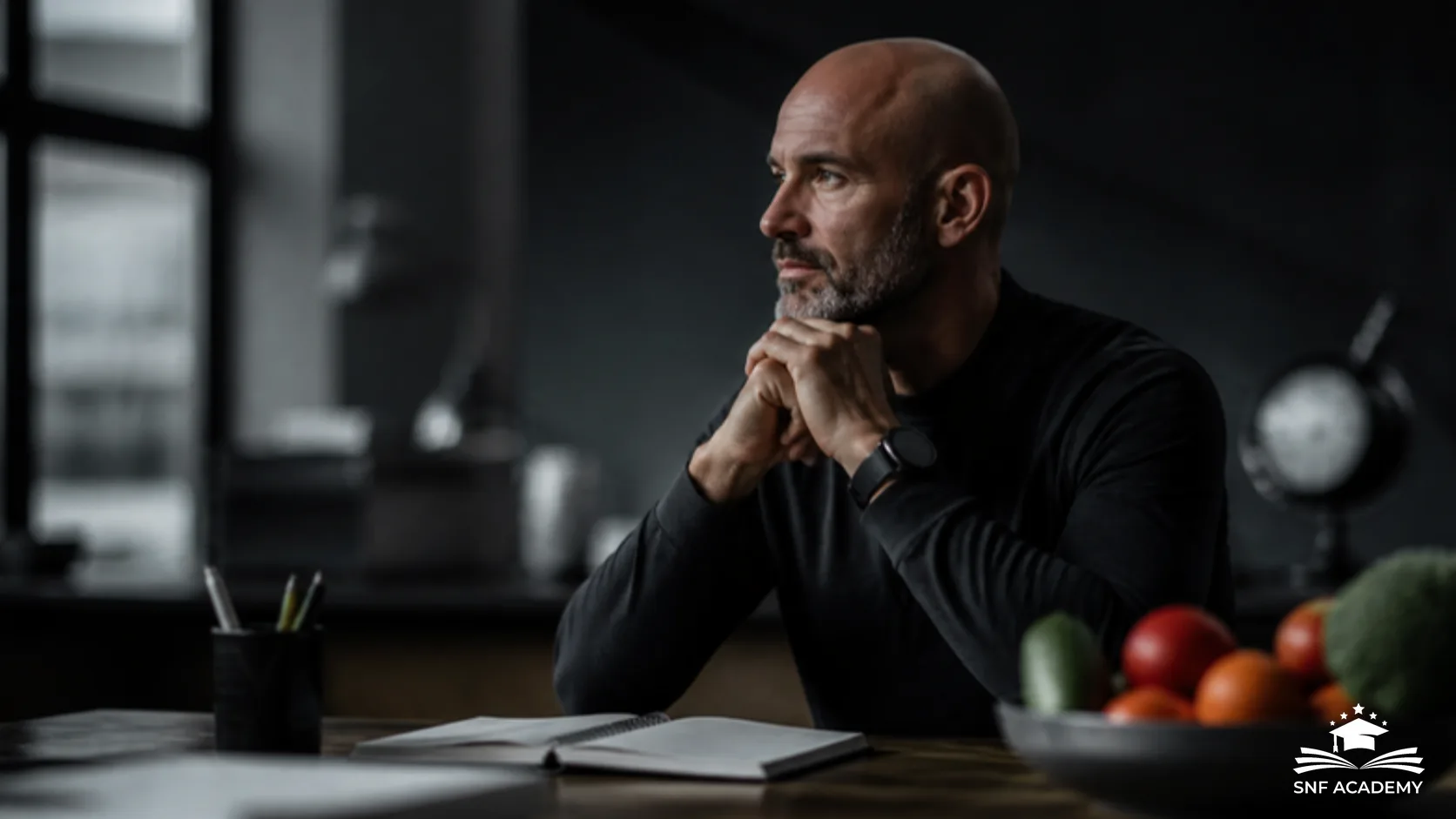 Mental Coach sitzt nachdenklich am Schreibtisch mit Notizbuch und frischem Gemüse