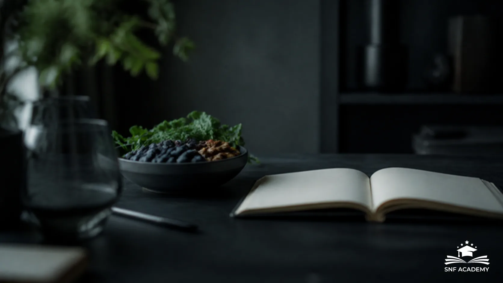 Schale mit Beeren, Nüssen und Blattgemüse neben einem offenen Notizbuch