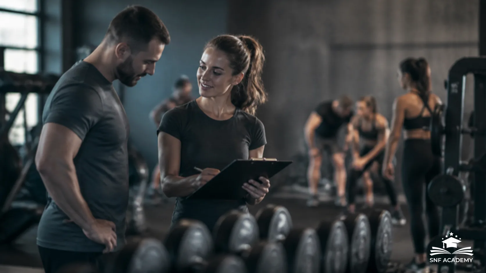 Trainerin bespricht mit einem Mitglied den Trainingsplan im Fitnessstudio