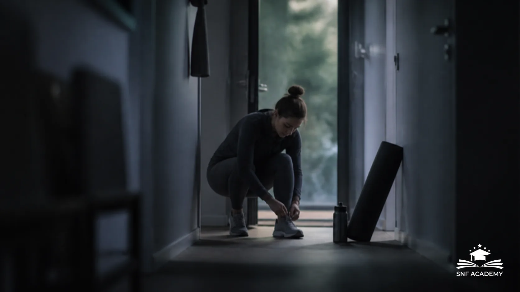 Person bindet früh am Morgen im Flur ihre Laufschuhe, daneben Sportmatte und Trinkflasche