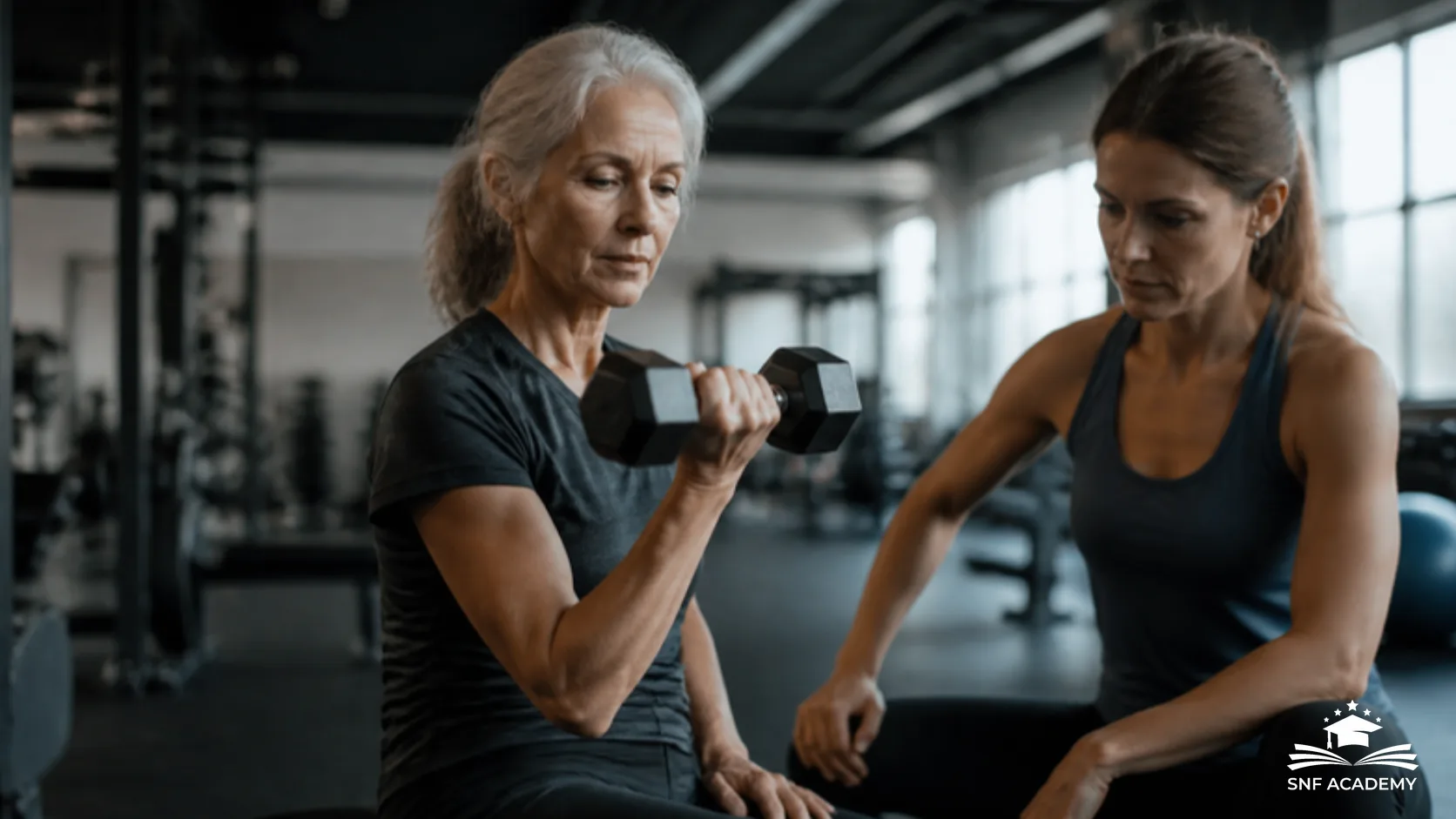 Ältere Frau trainiert im Fitnessstudio mit einer Kurzhantel, eine Trainerin steht neben ihr