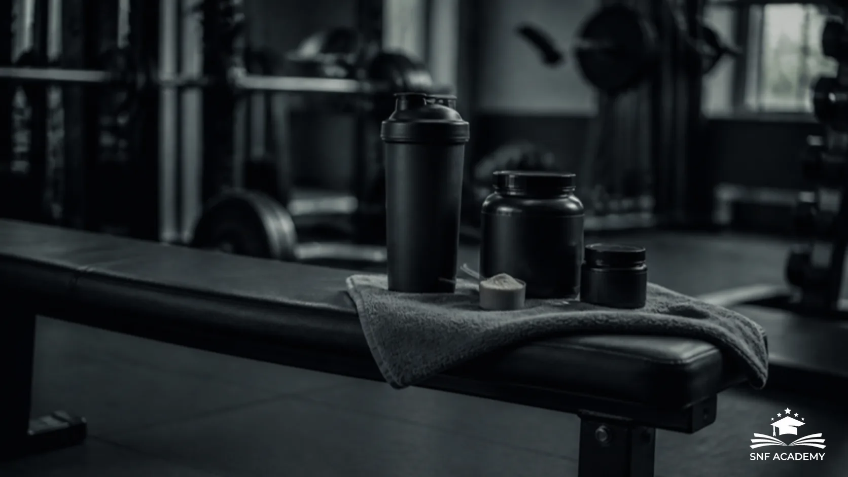 Hantelbank im Fitnessstudio mit Shaker, Dose Proteinpulver und kleiner Dose auf einem Handtuch