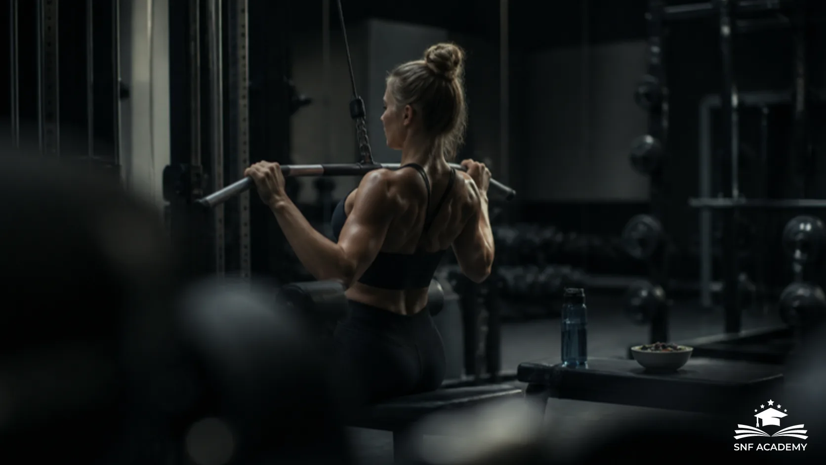 Frau beim Rudern am Kabelzug in einem dunklen Fitnessstudio, im Hintergrund Hanteln, Trinkflasche und Schale
