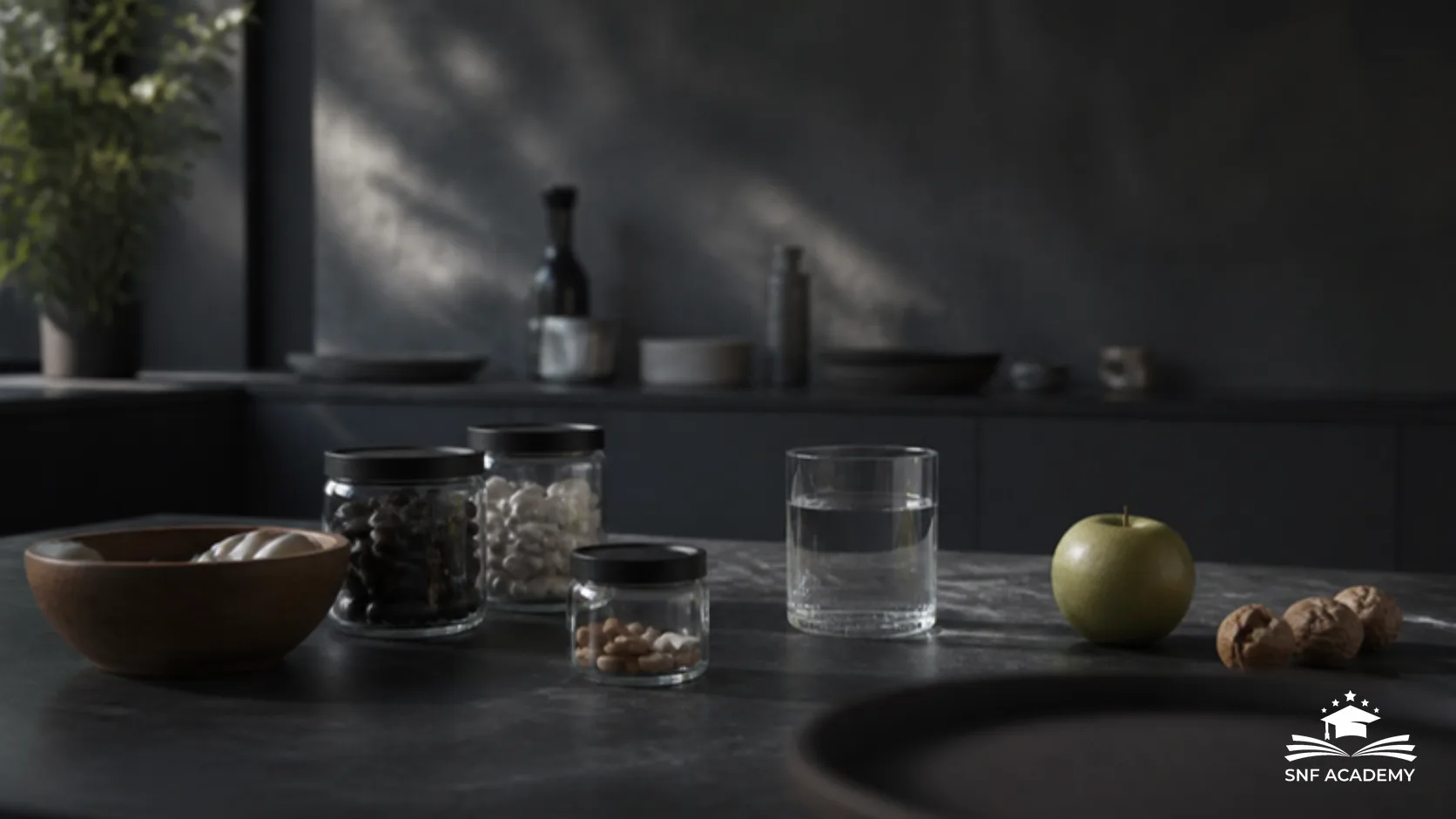 Glasbehälter mit Kapseln, Wasserglas, Apfel und Walnüsse auf einer dunklen Küchenablage