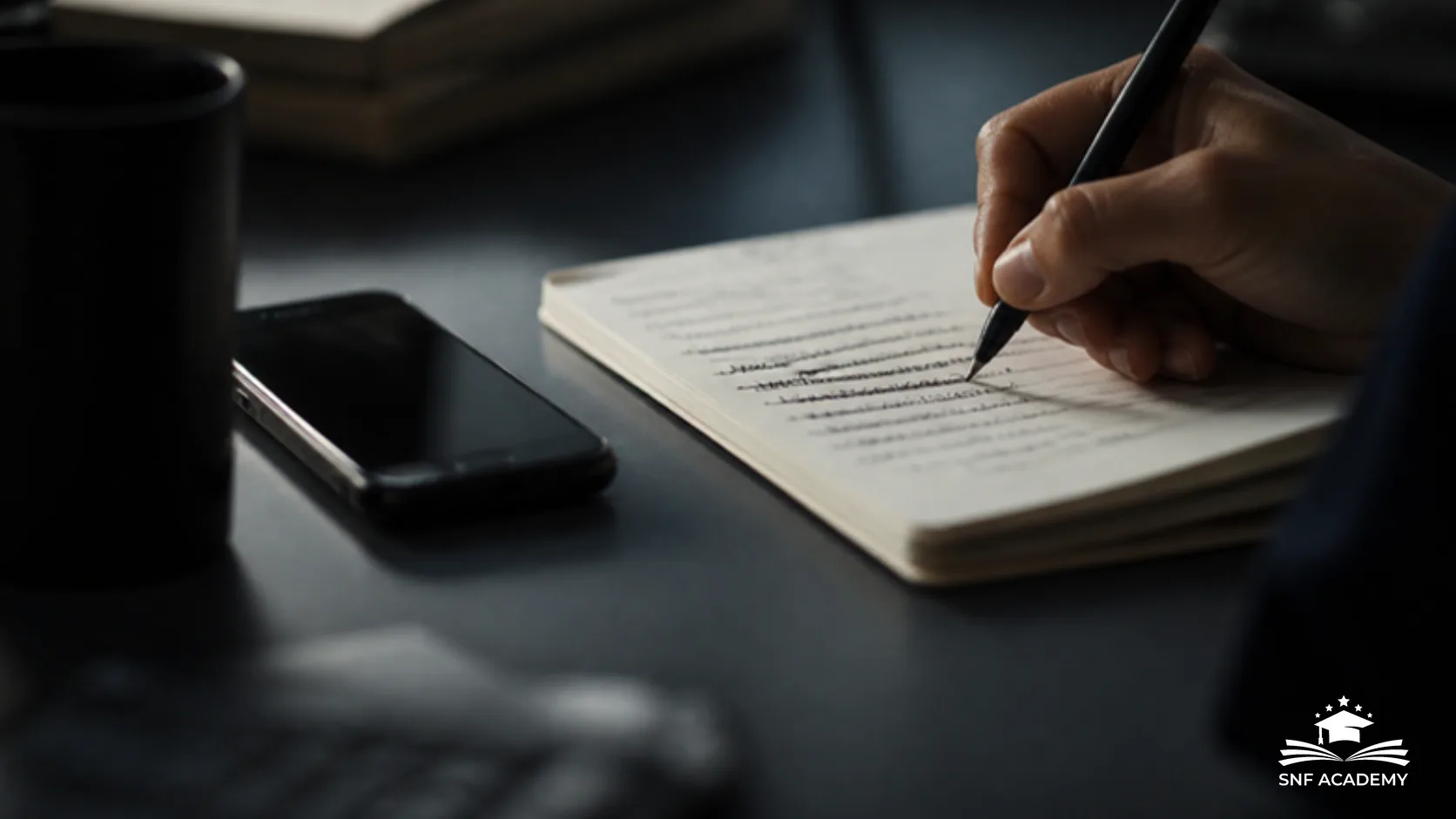 Hand schreibt in ein Notizbuch neben einem Smartphone auf einem dunklen Schreibtisch