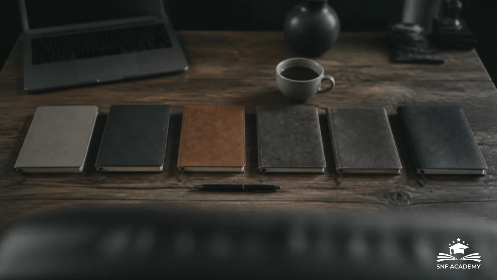 Sechs Notizbücher in einer Reihe auf einem Holztisch neben Laptop und Kaffeetasse
