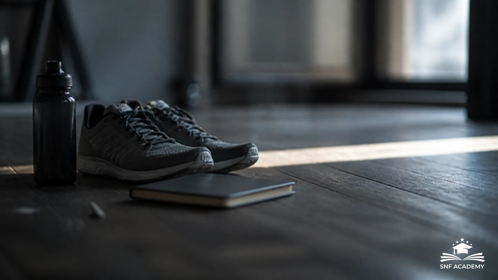 Laufschuhe, Notizbuch und Trinkflasche auf einem Holzboden im Morgenlicht