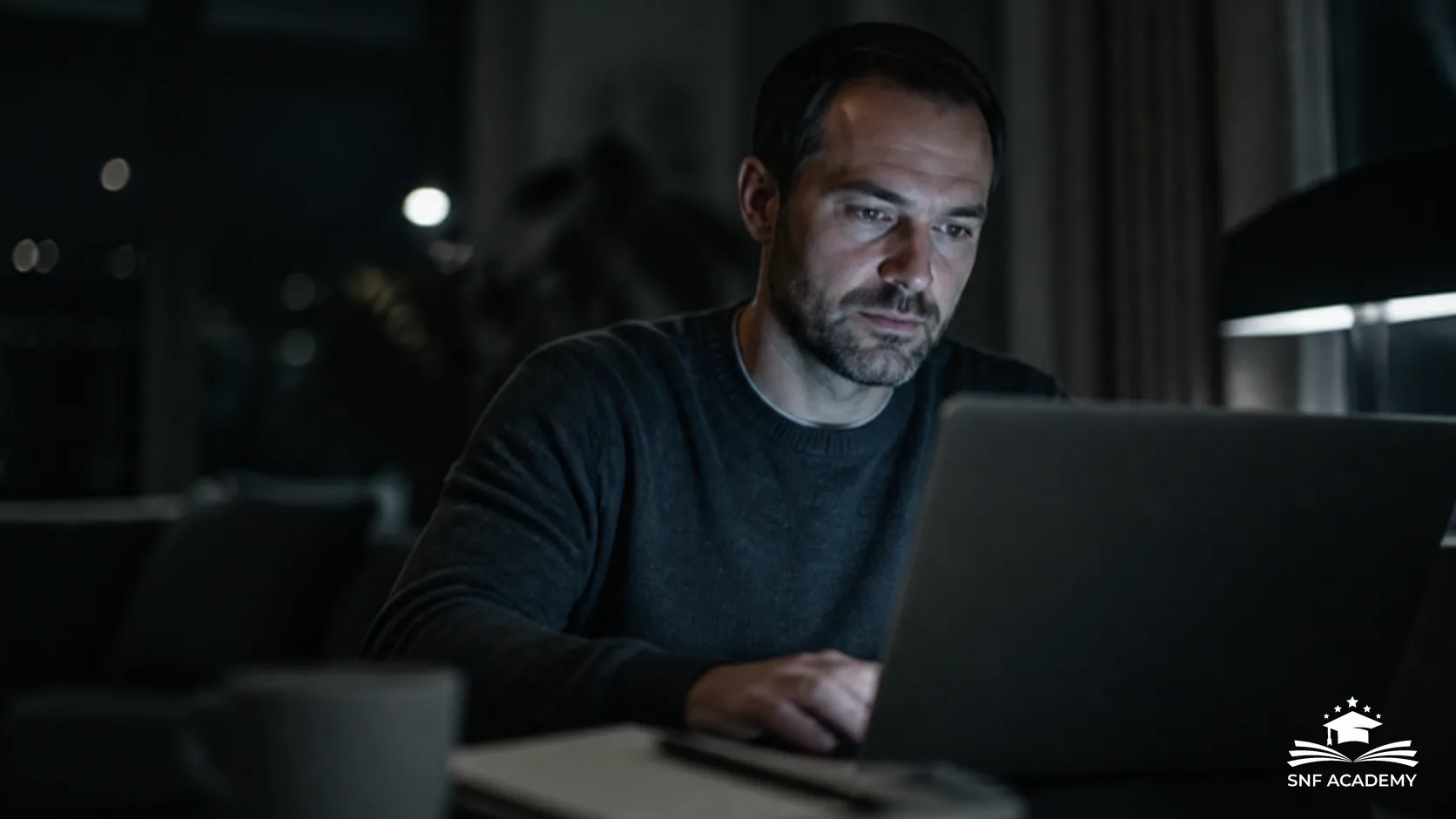 Person liest abends am Laptop eine E-Mail