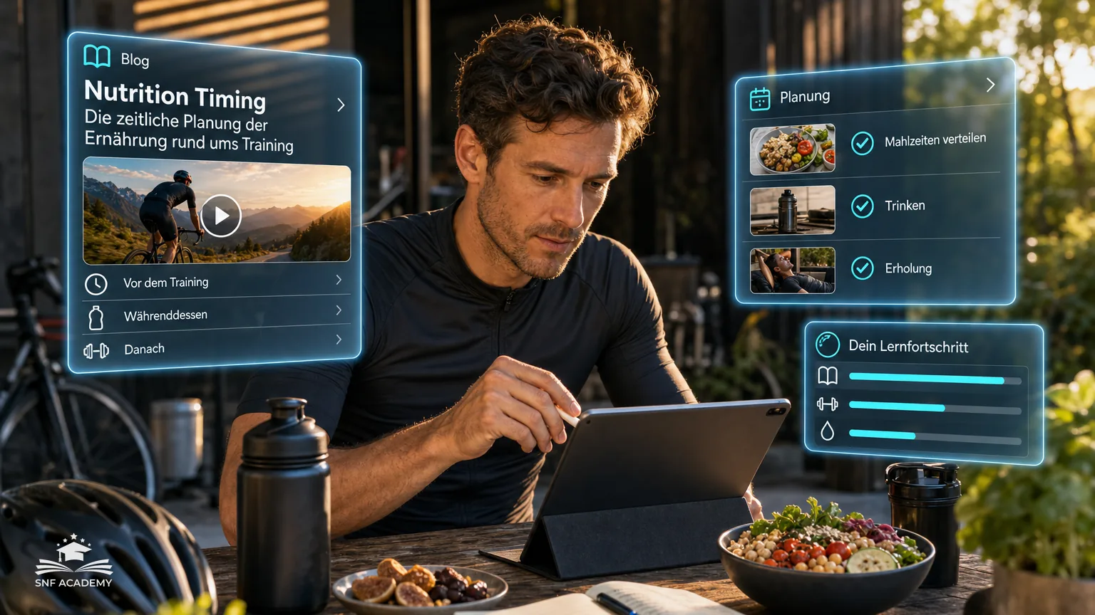 Radfahrer plant am Tablet seine Mahlzeiten rund ums Training, Trinkflaschen und Snacks auf dem Tisch – Nutrition Timing