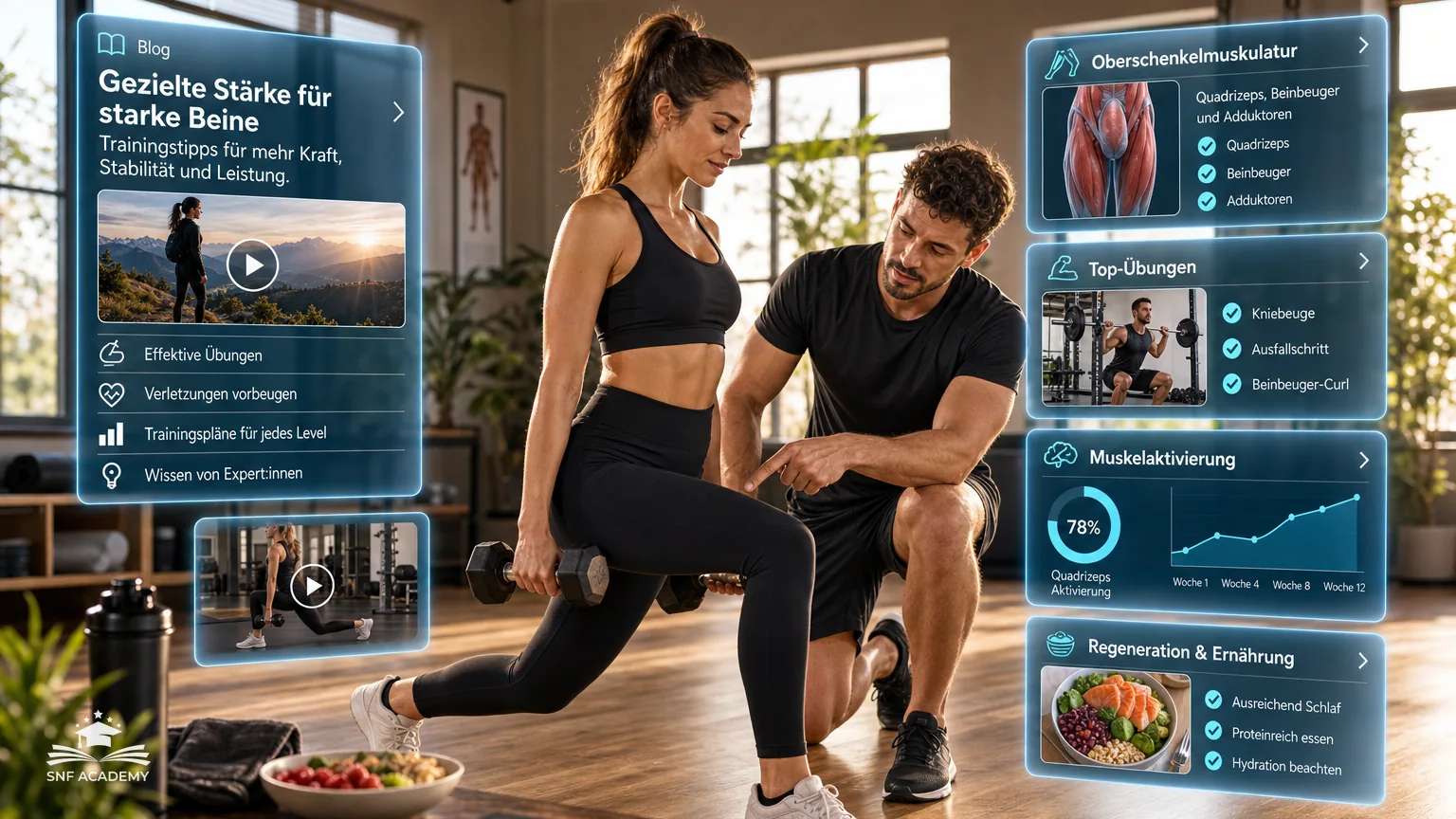 Sportlerin macht einen Ausfallschritt mit Kurzhanteln, Trainer zeigt auf den Oberschenkel, helles Studio mit Holzboden – Oberschenkelmuskulatur