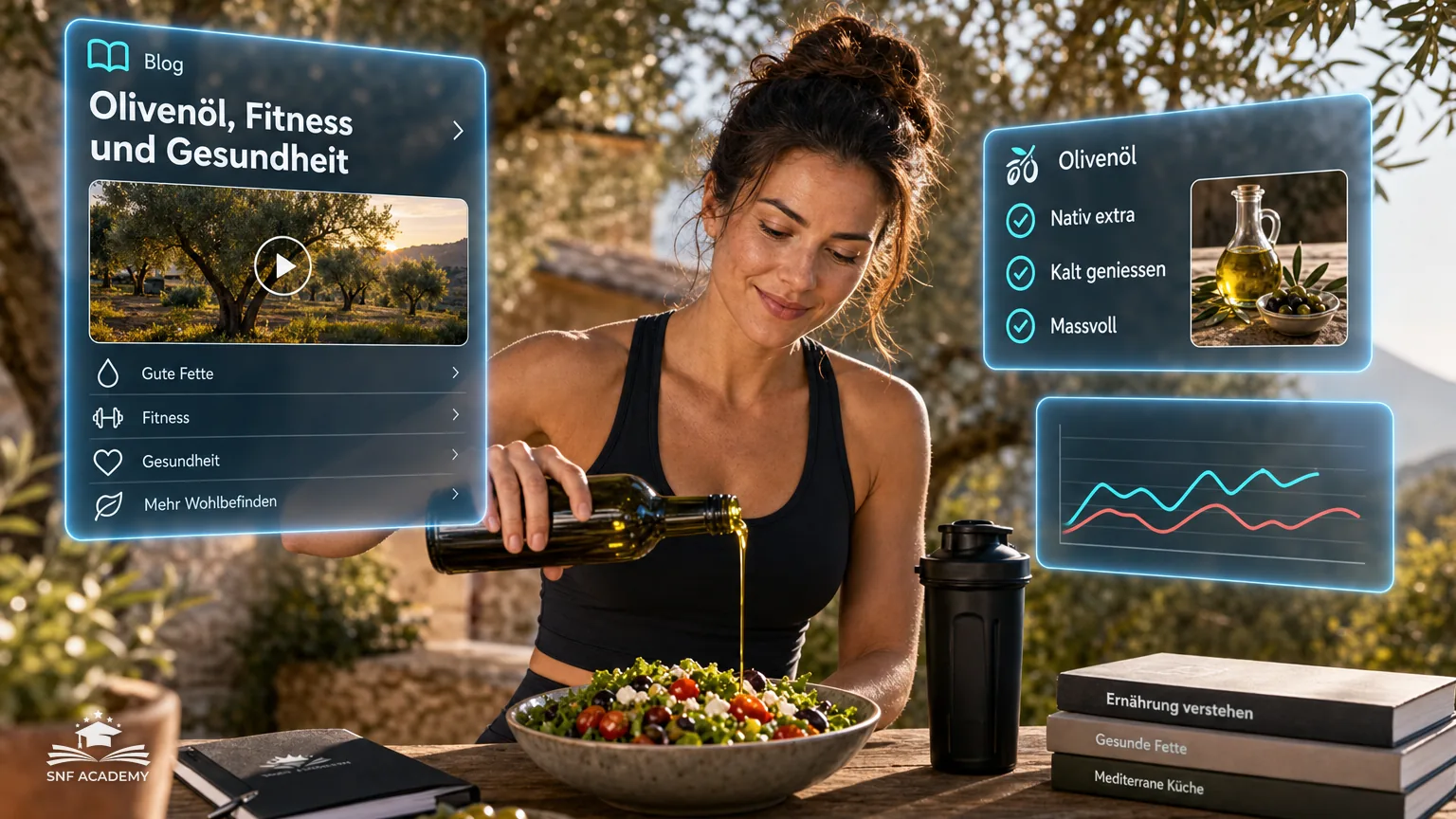 Frau giesst Olivenöl über einen Salat, Holztisch auf einer Terrasse mit Olivenbaum – Olivenöl, Fitness und Gesundheit