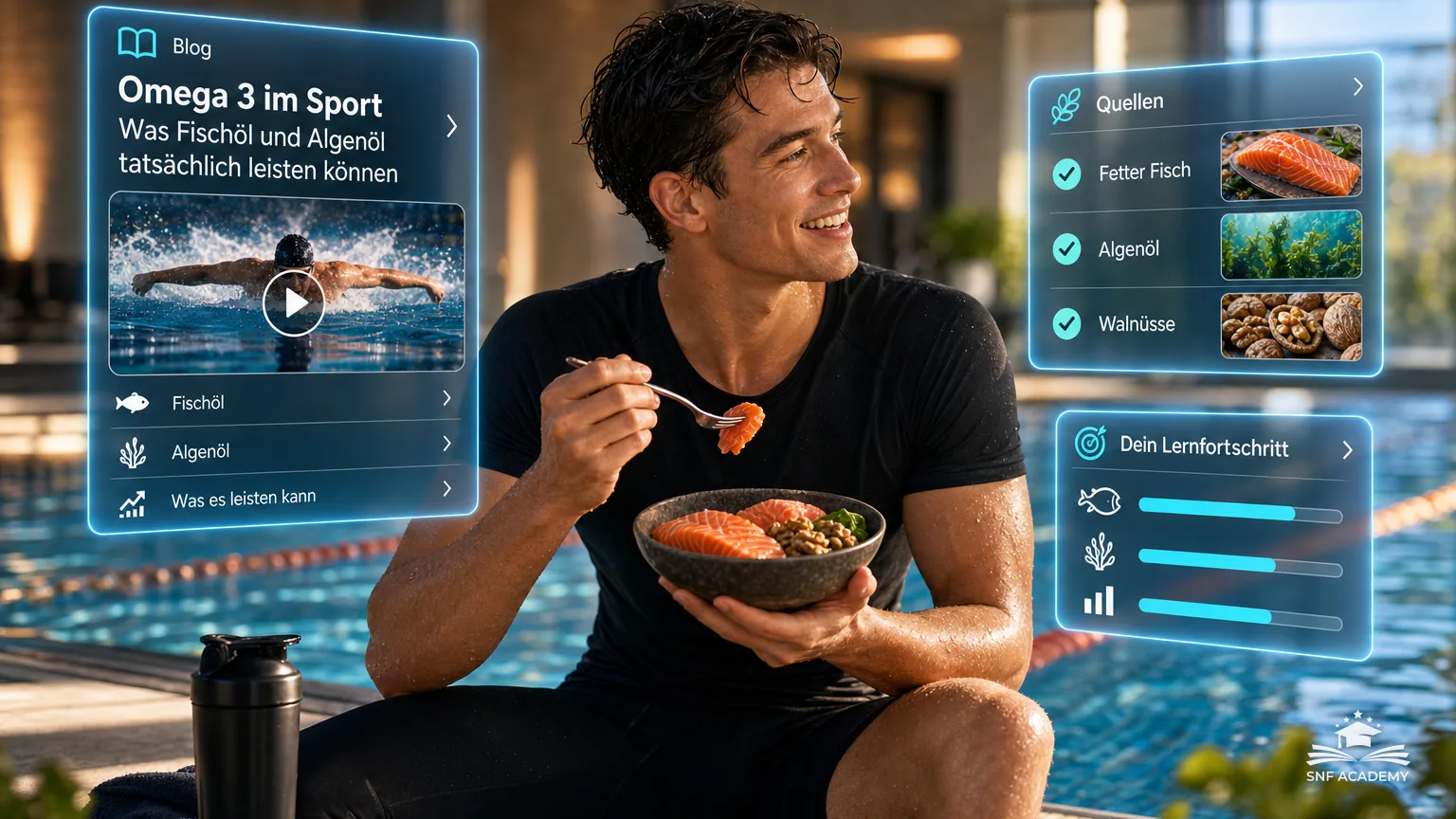 Schwimmer sitzt am Beckenrand mit einer Schale Lachs und Walnüssen, Hallenbad mit Lichtreflexen – Omega 3 im Sport