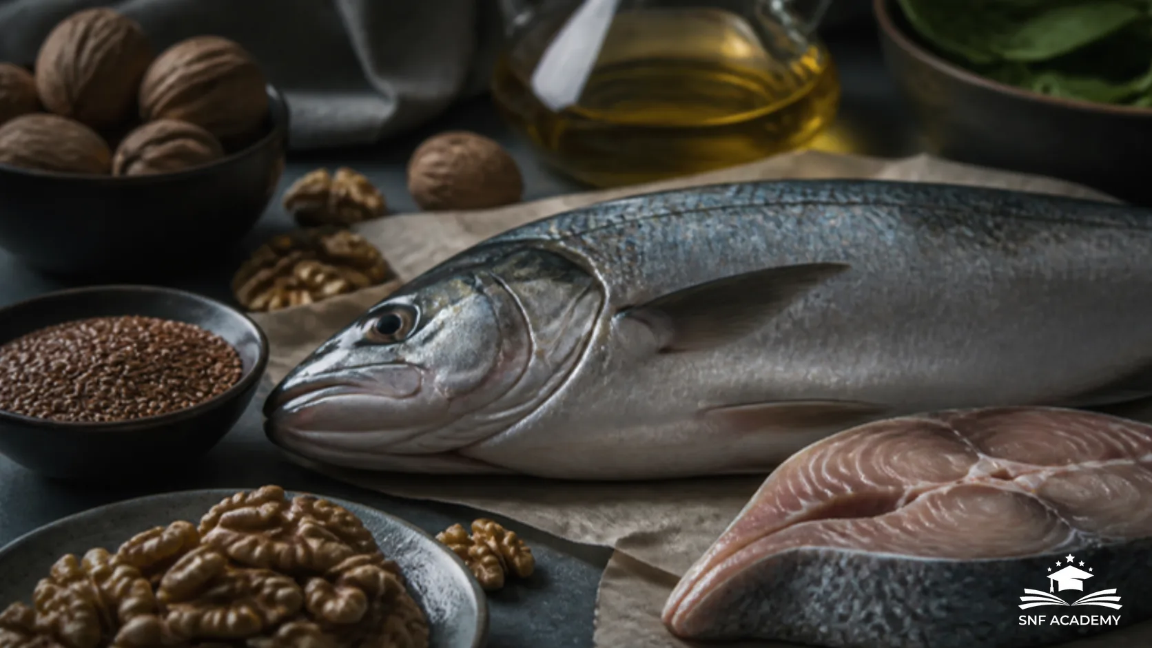 Fetter Fisch, Walnüsse und Leinsamen auf einem Küchentisch als Lebensmittel mit Omega-3