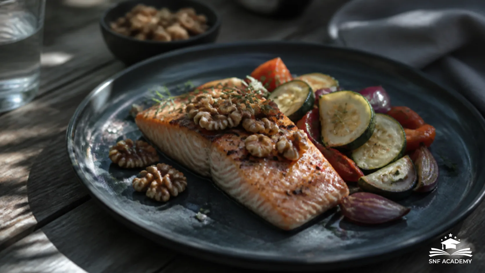 Gegrilltes Lachsfilet mit Walnüssen und Gemüse auf einem Holztisch, Lebensmittel mit Omega-3-Fettsäuren