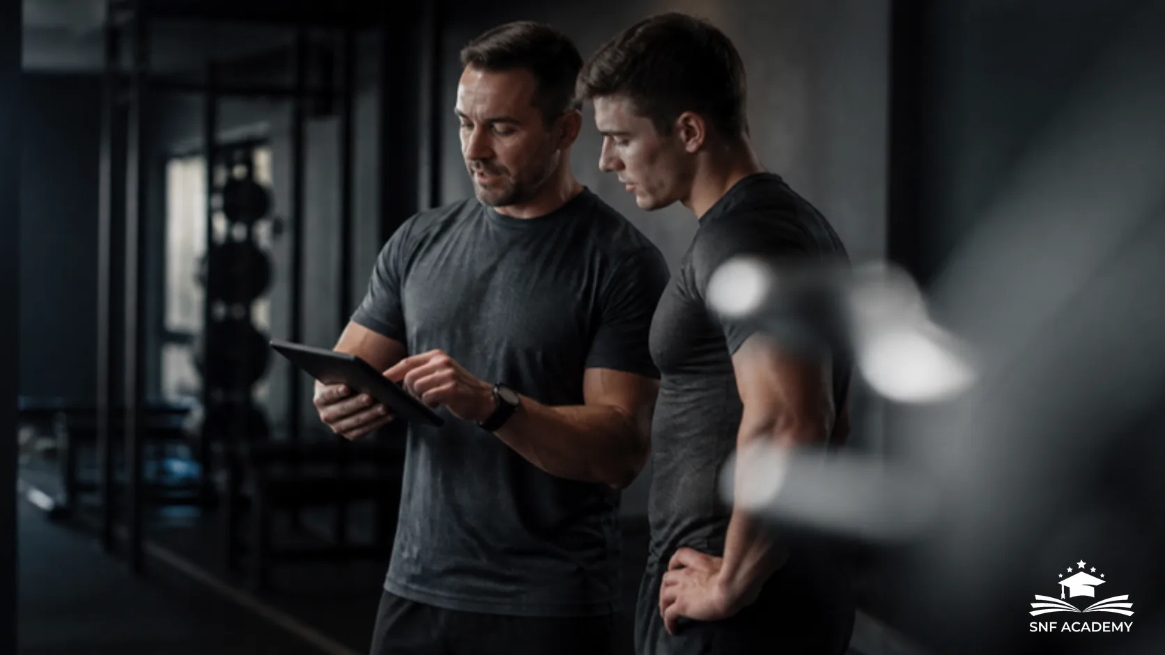 Performance Coach bespricht mit einem Athleten einen Trainingsplan auf dem Tablet
