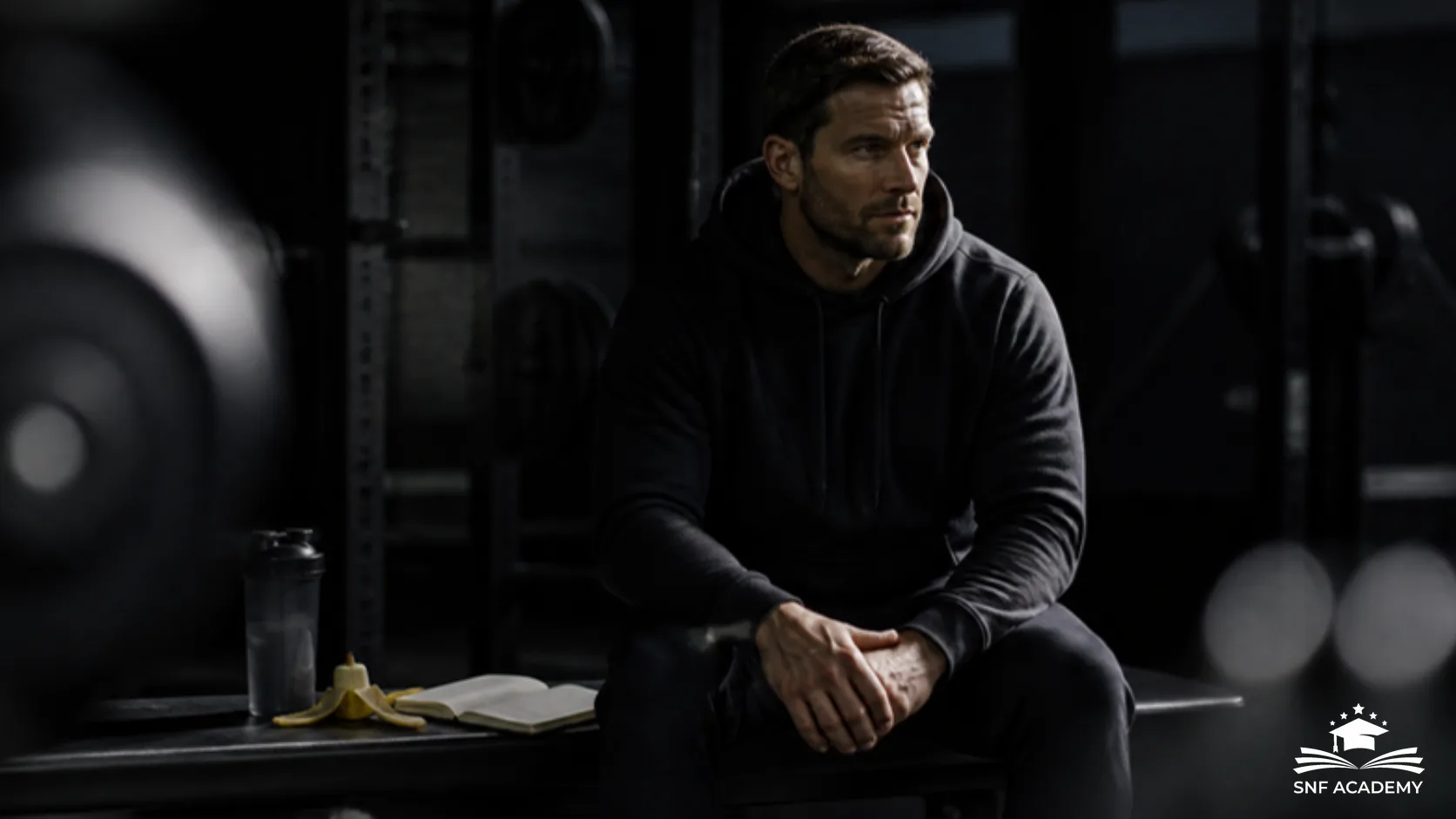 Coach sitzt in einem dunklen Fitnessstudio mit Trinkflasche und Banane auf der Bank