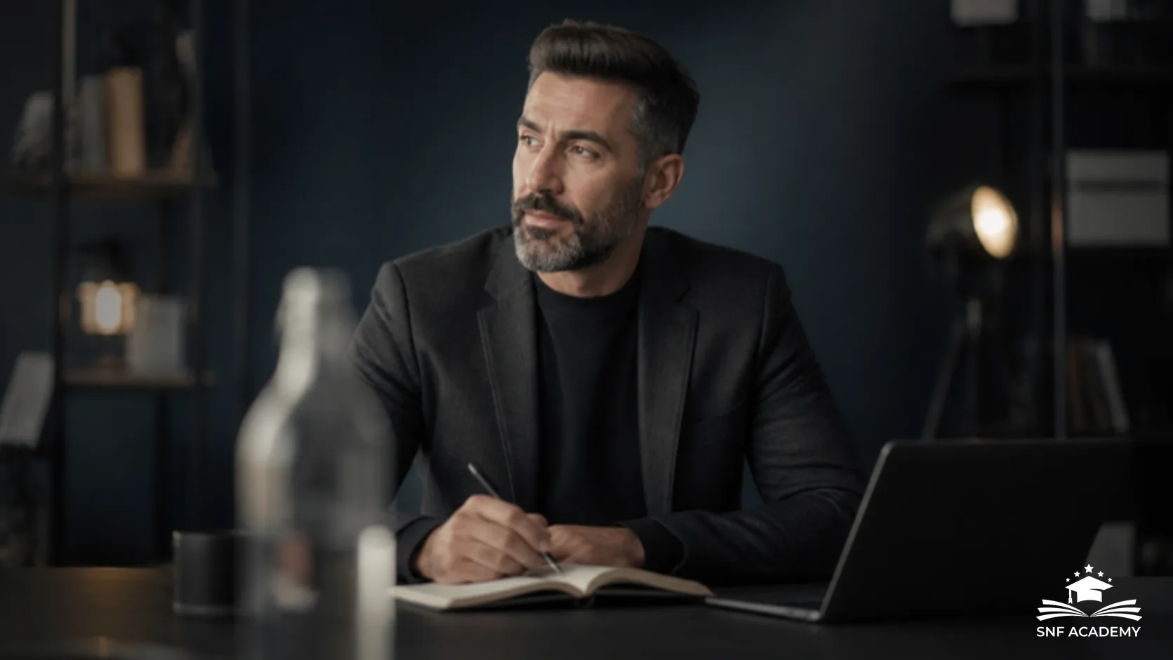 Coach sitzt nachdenklich mit Notizbuch und Laptop an einem Schreibtisch