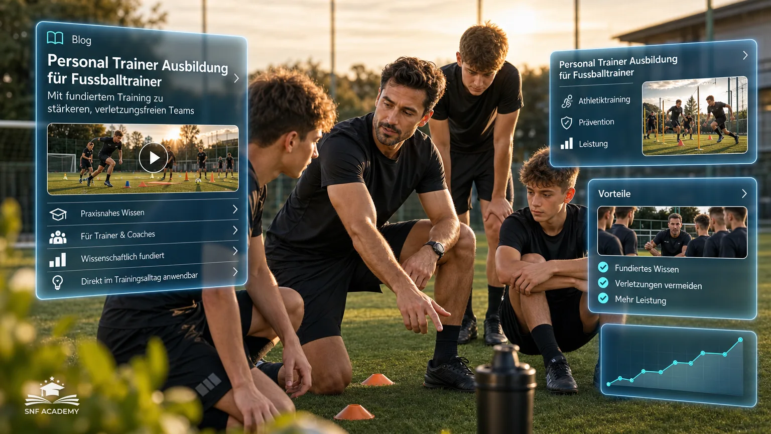 Fussballtrainer leitet Kraftübungen mit jungen Spielern auf dem Rasen an, Hütchen und Bälle – Personal Trainer Ausbildung für Fussballtrainer