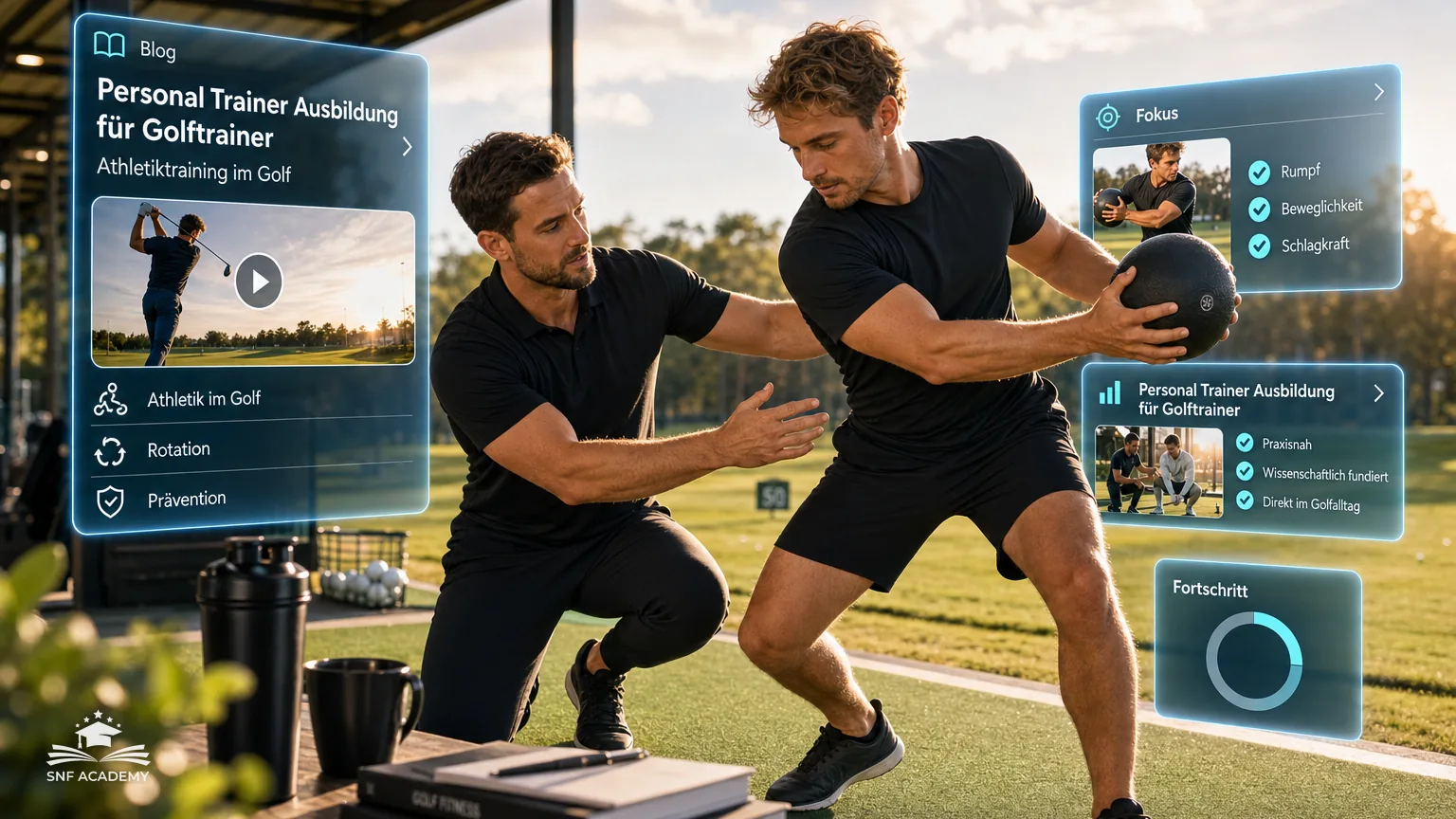 Golftrainer zeigt einem Golfer eine Rotationsübung mit Medizinball auf der Driving Range – Personal Trainer Ausbildung für Golftrainer: Athletiktraining im Golf